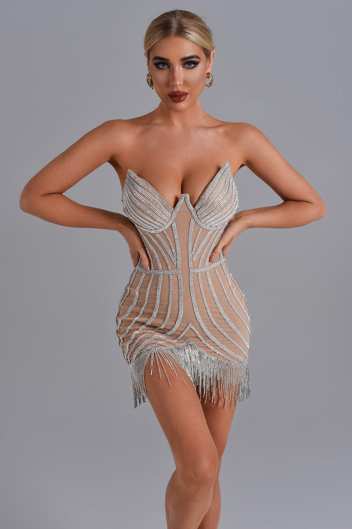 Aerika  Full Of Diamonds Tassels See-through Mesh Dress
