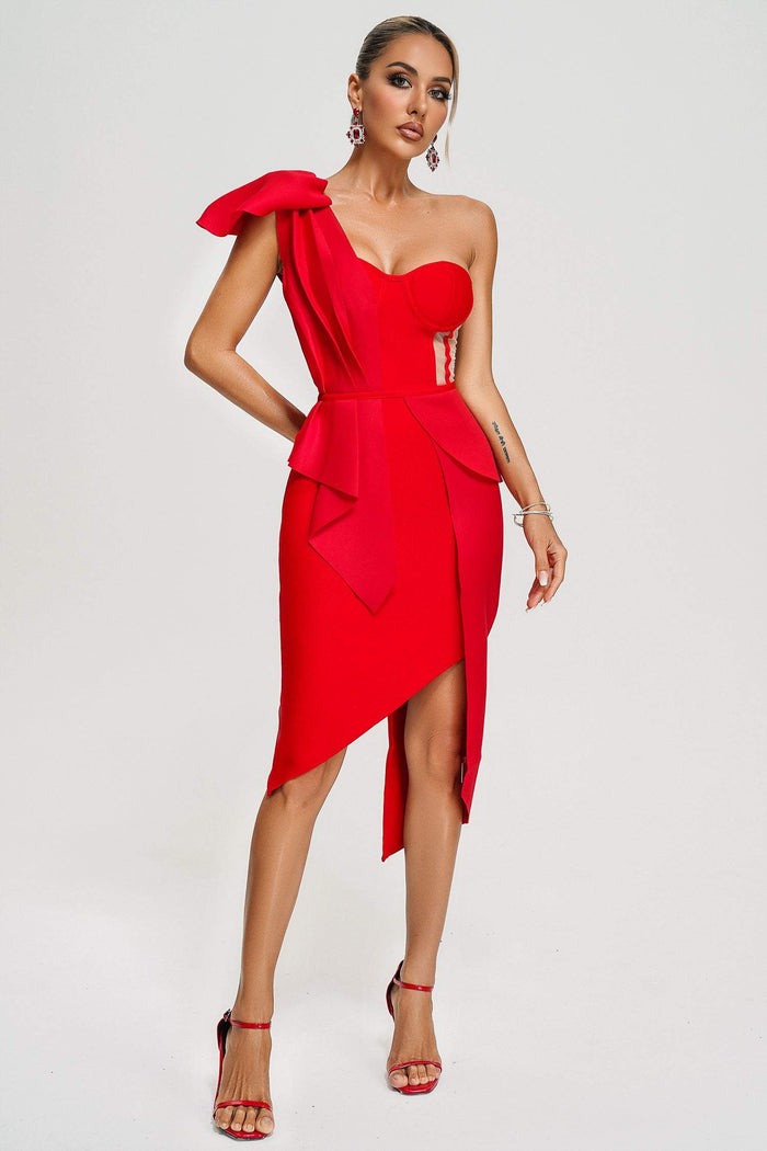 Irregular one-shoulder bow knot Midi Dress