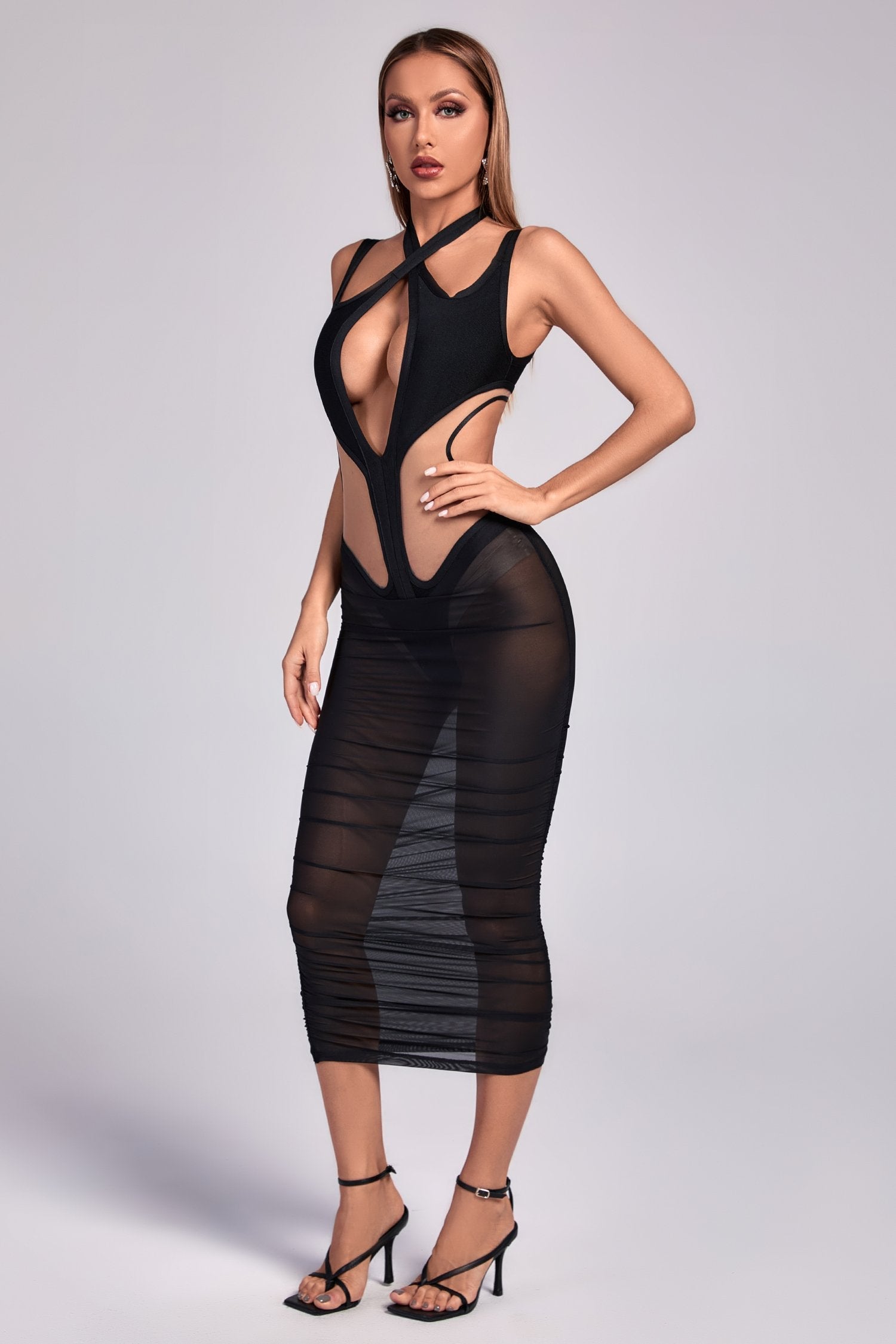 Kaira Cutout Mesh Midi Bandage Dress