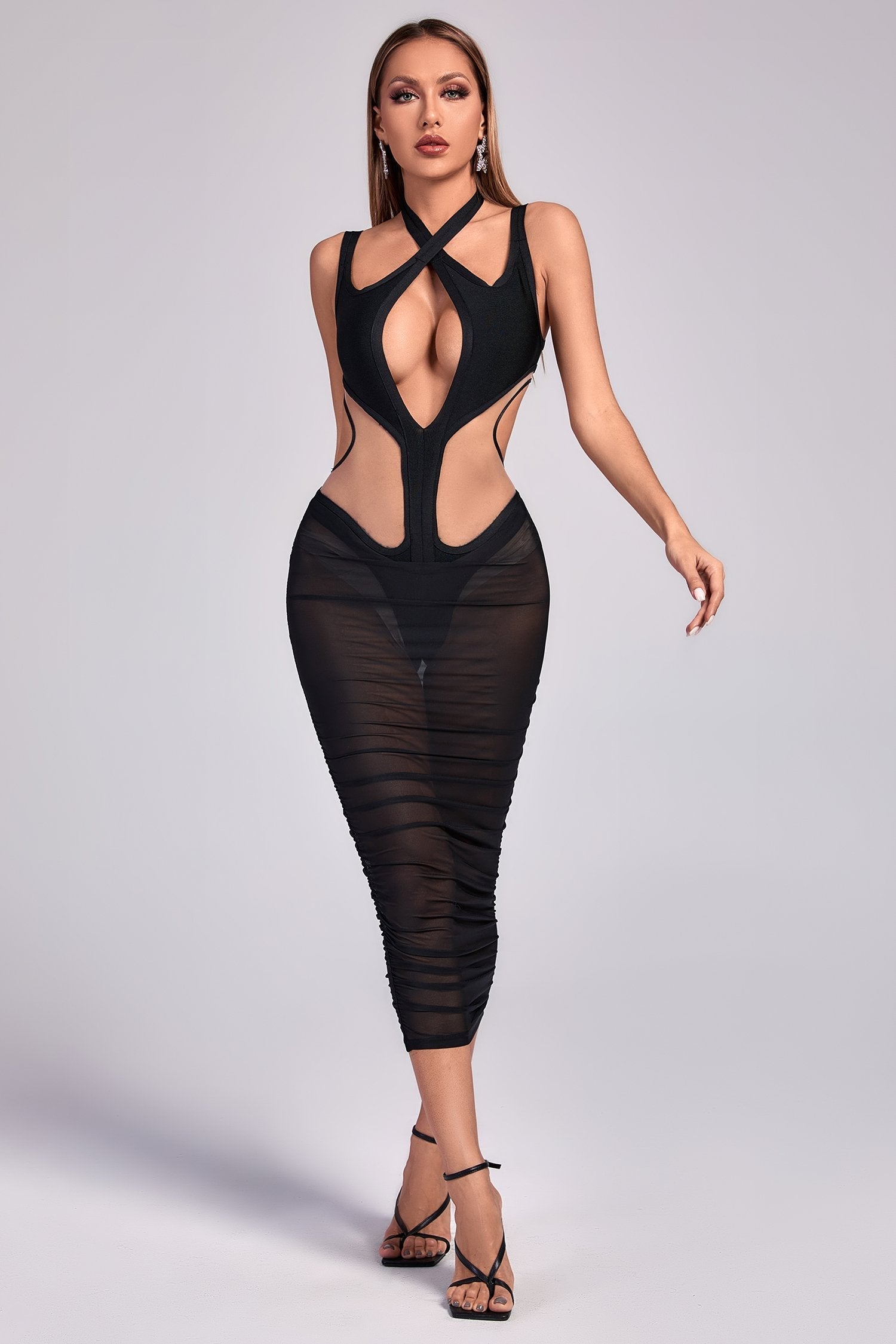 Kaira Cutout Mesh Midi Bandage Dress