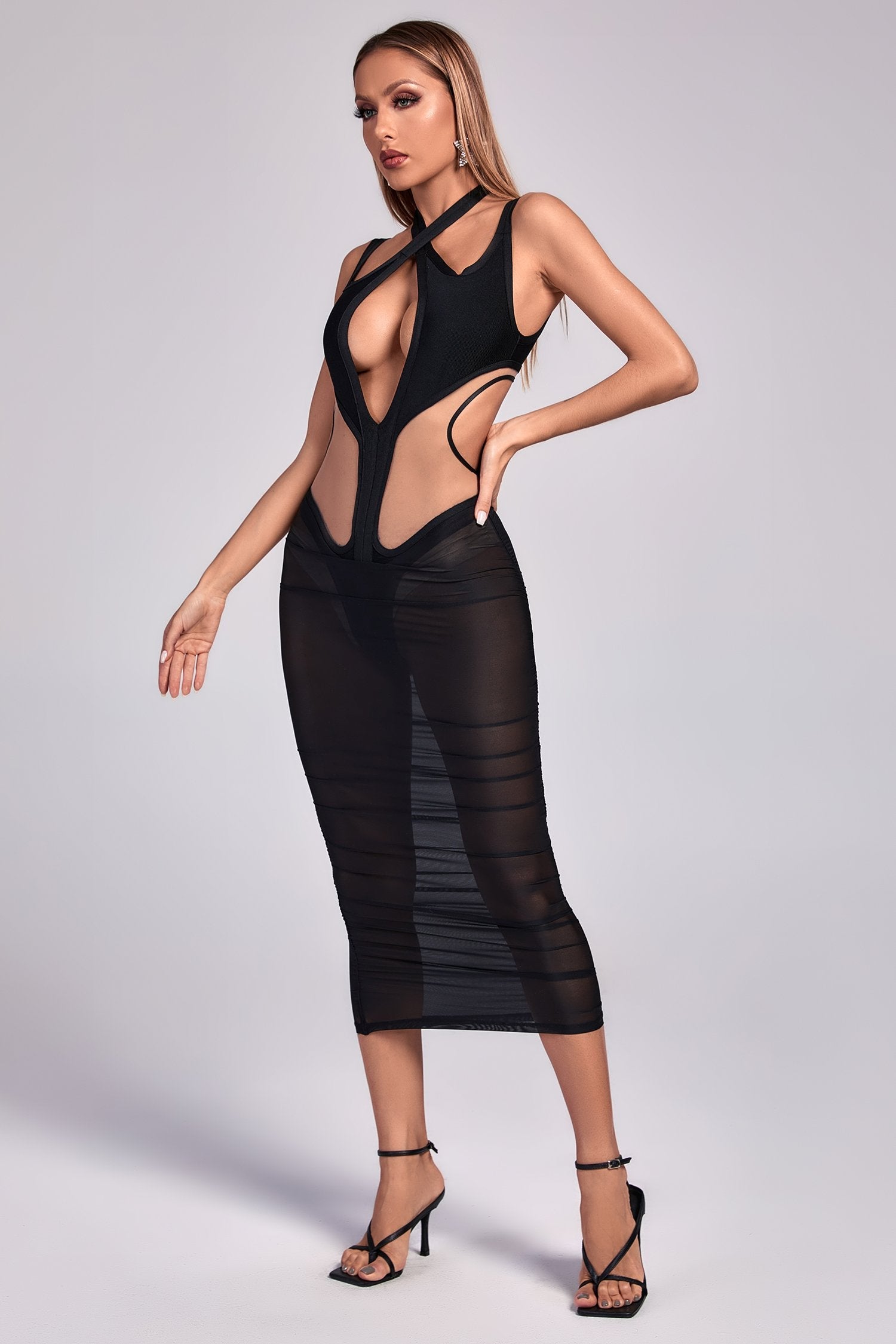 Kaira Cutout Mesh Midi Bandage Dress