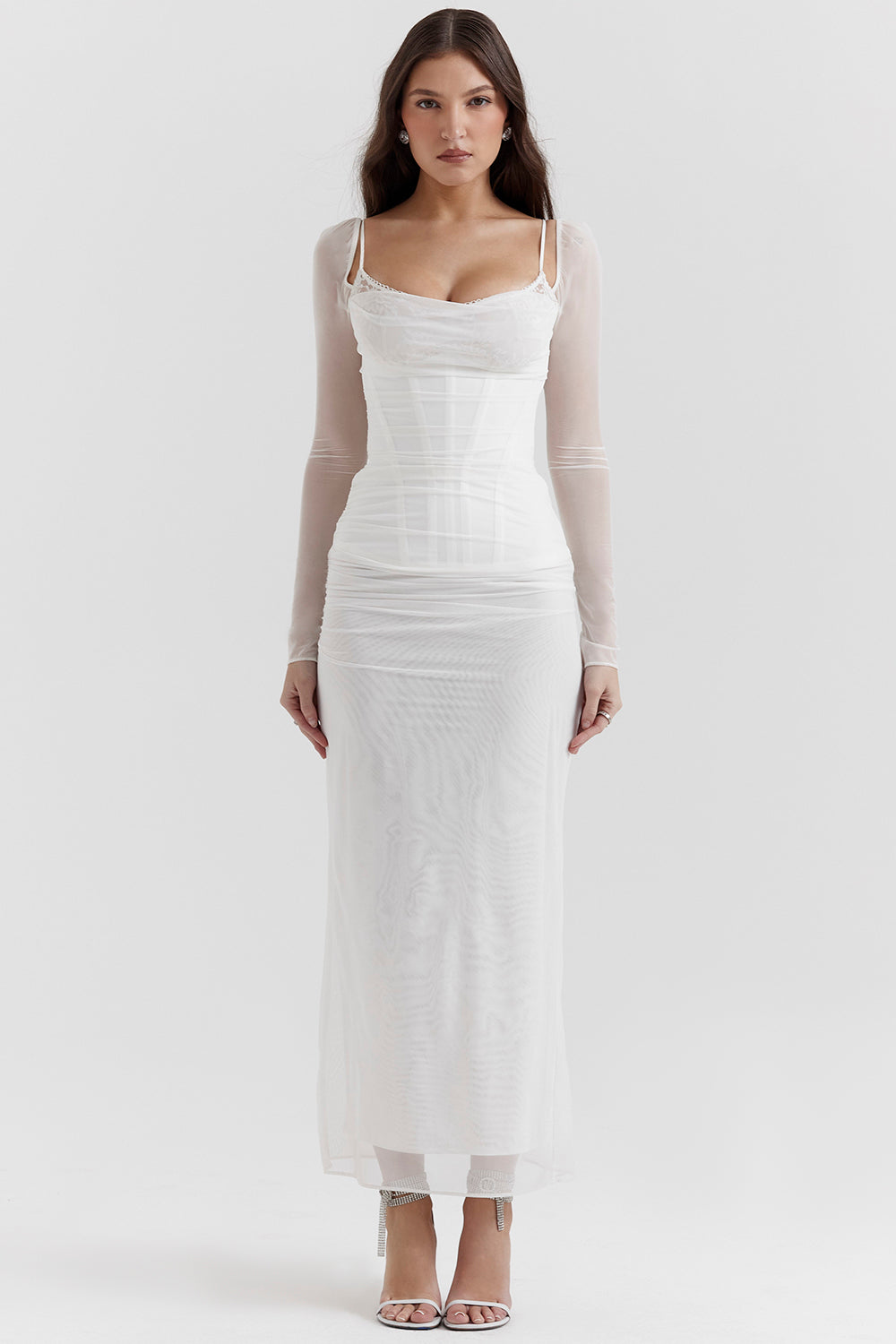 Mesh Stitching Lace Mid-length Dress-Gray