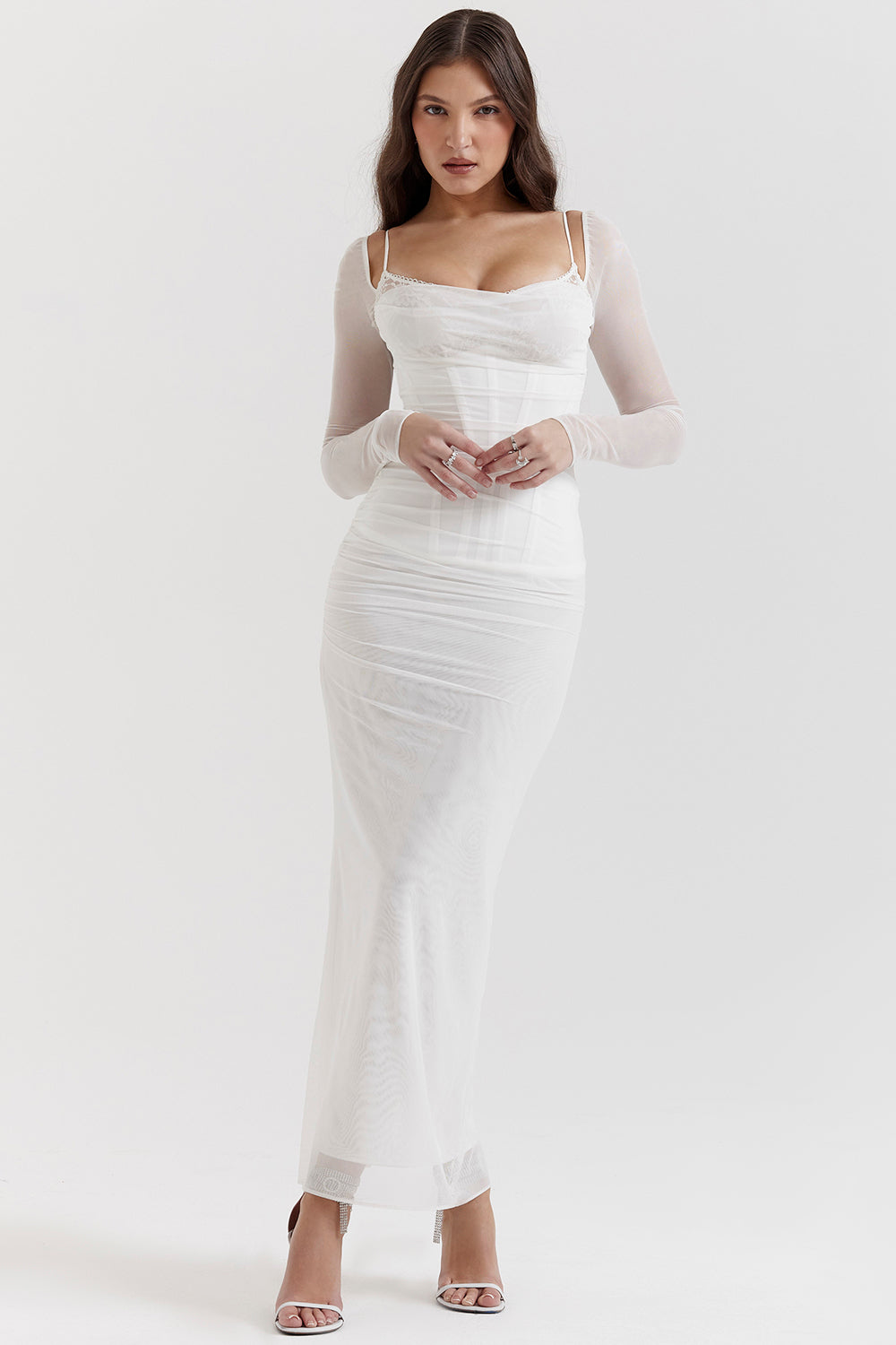 Mesh Stitching Lace Mid-length Dress-Pink