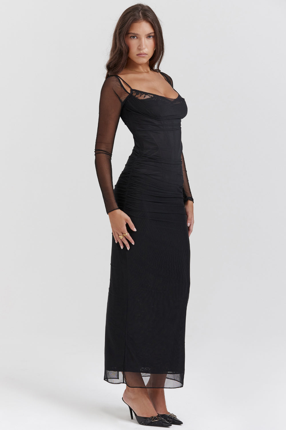 Mesh Stitching Lace Mid-length Dress-Black