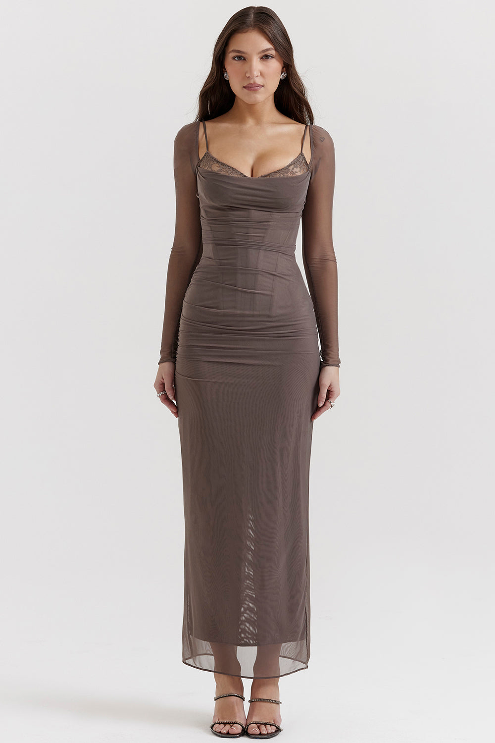 Mesh Stitching Lace Mid-length Dress-Pink
