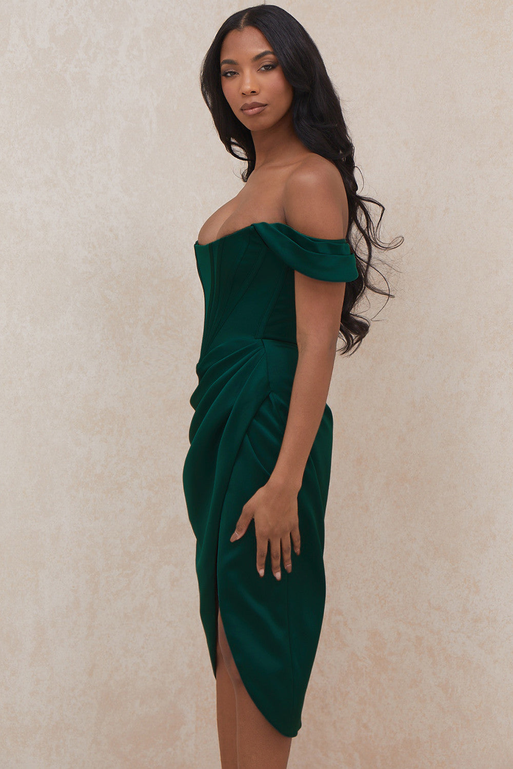 LEMIYA IVORY SATIN OFF SHOULDER DRESS-GREEN
