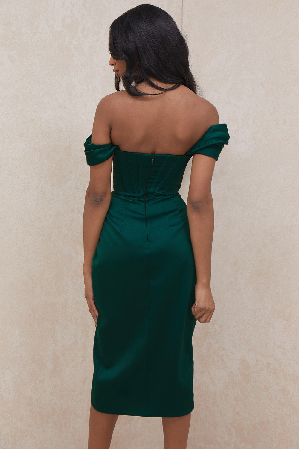 LEMIYA IVORY SATIN OFF SHOULDER DRESS-GREEN