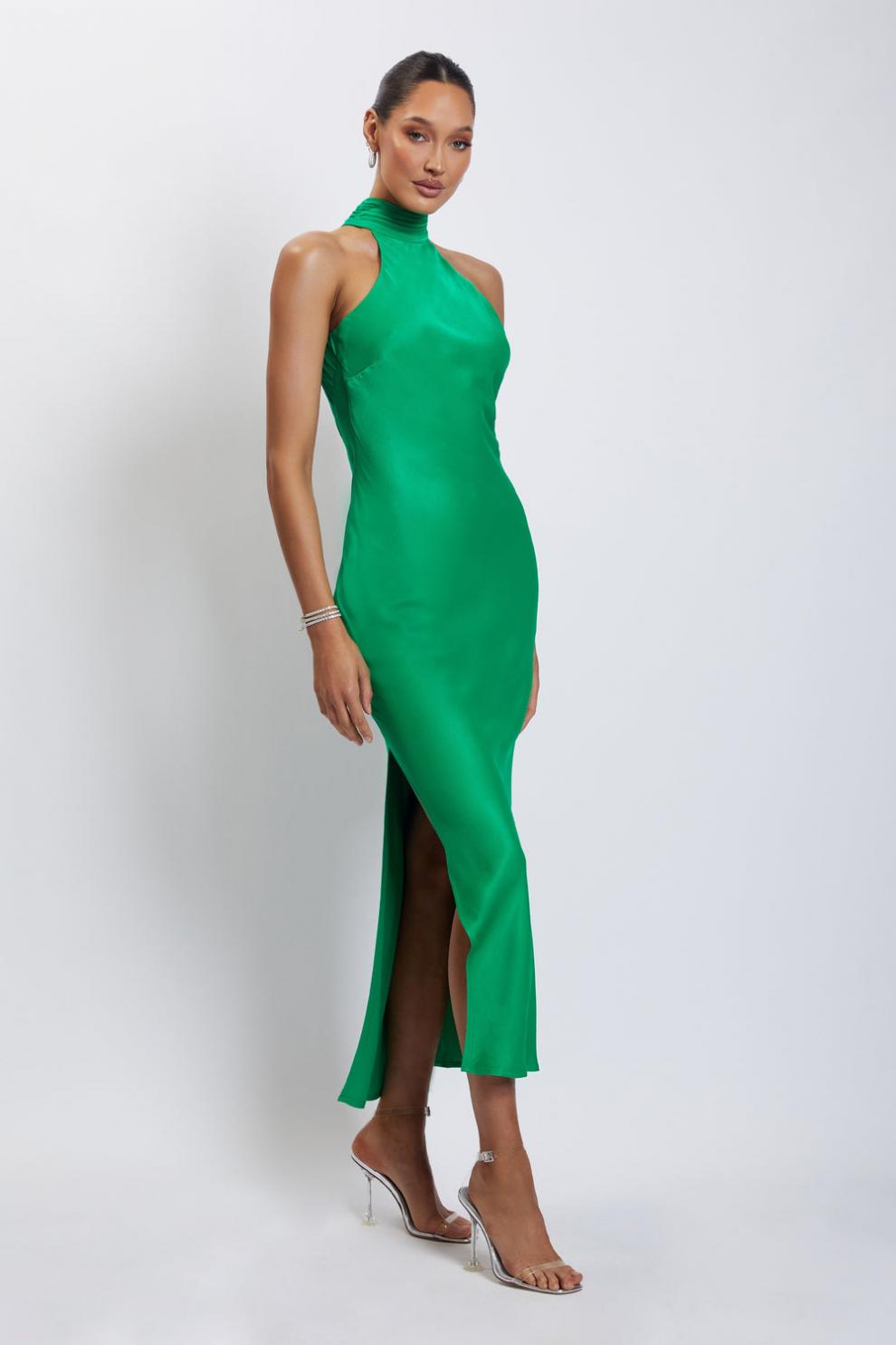 HIGH NECK SATIN WED PARTY DRESS