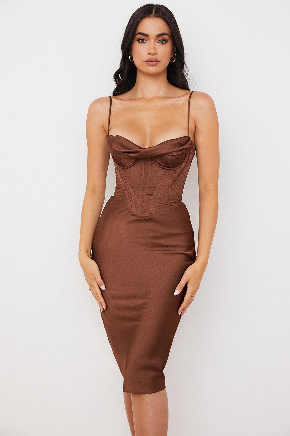 Welya Satin Fishbone Pleated Suspender Dress
