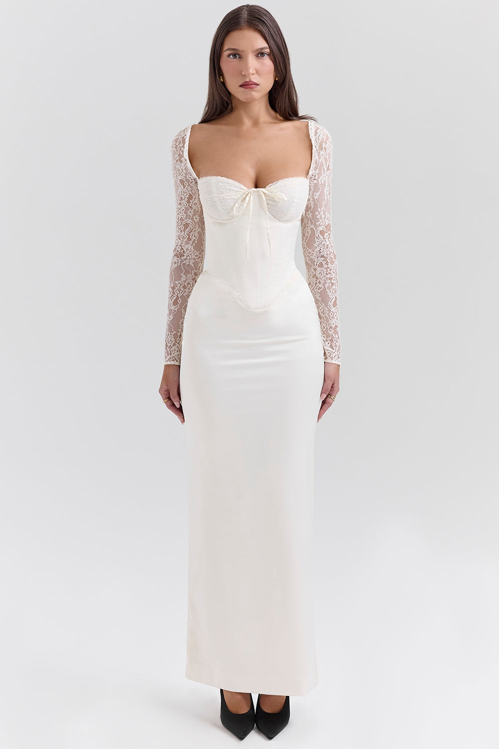 CHIC ELEGANT MAXI LACE DRESS-WHITE