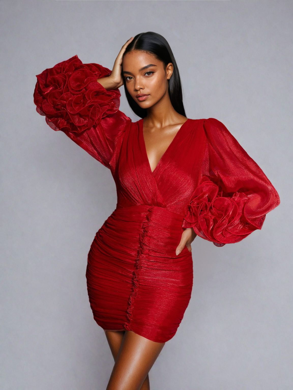Model showcasing the Anneline V Neck Ruched Mini Dress in vibrant red, featuring a flattering fit and stylish ruched design.
