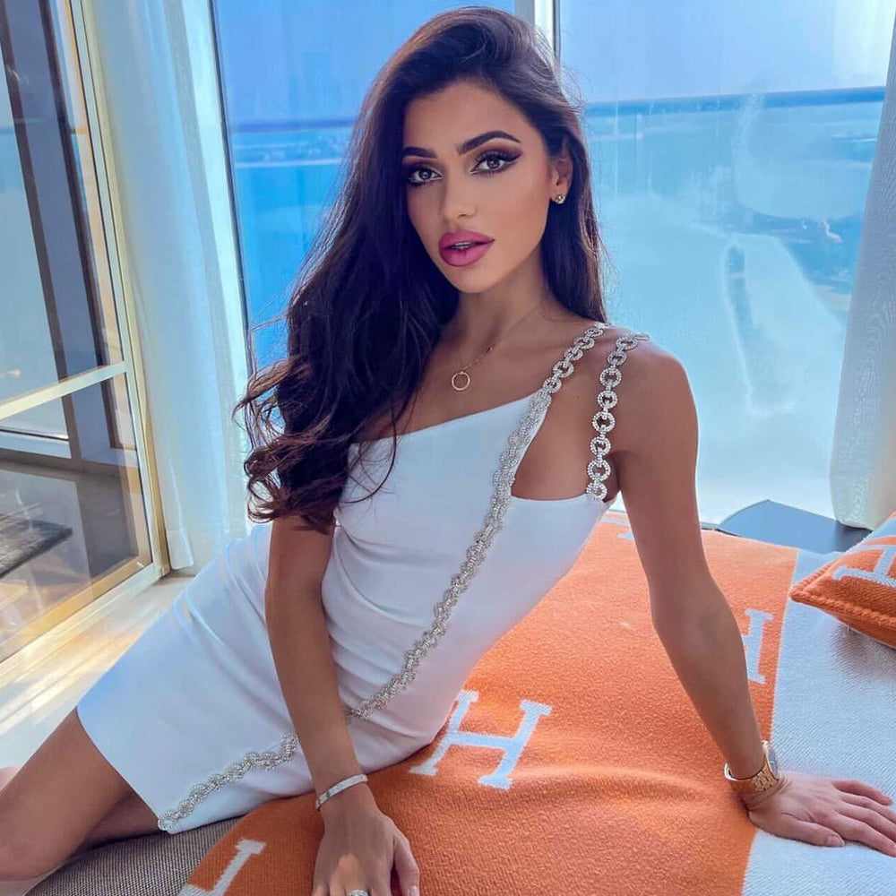 One-Shoulder Long Chain Mini Dress
