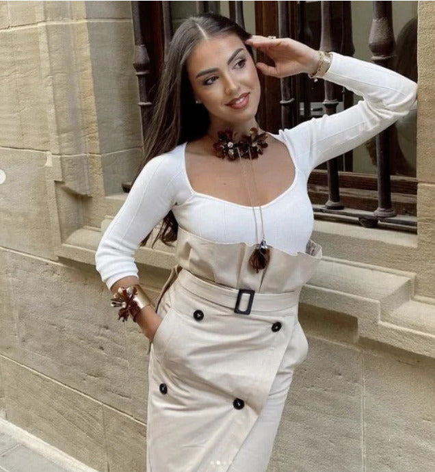Elegant Button Belt Suit Skirt Sets