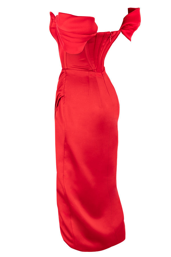 LEMIYA IVORY SATIN OFF SHOULDER DRESS-RED