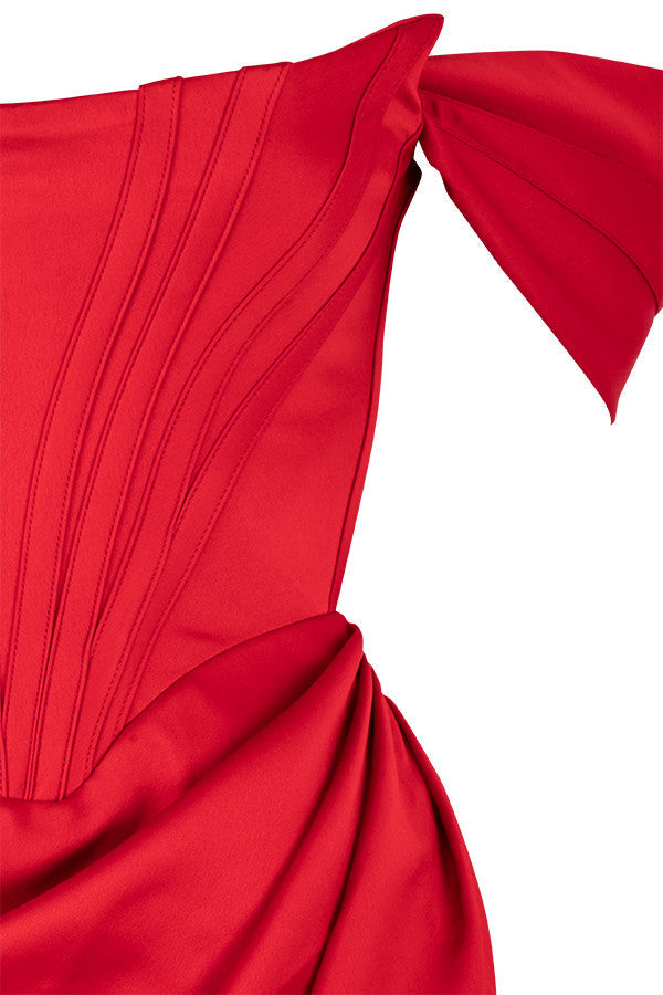 LEMIYA IVORY SATIN OFF SHOULDER DRESS-RED