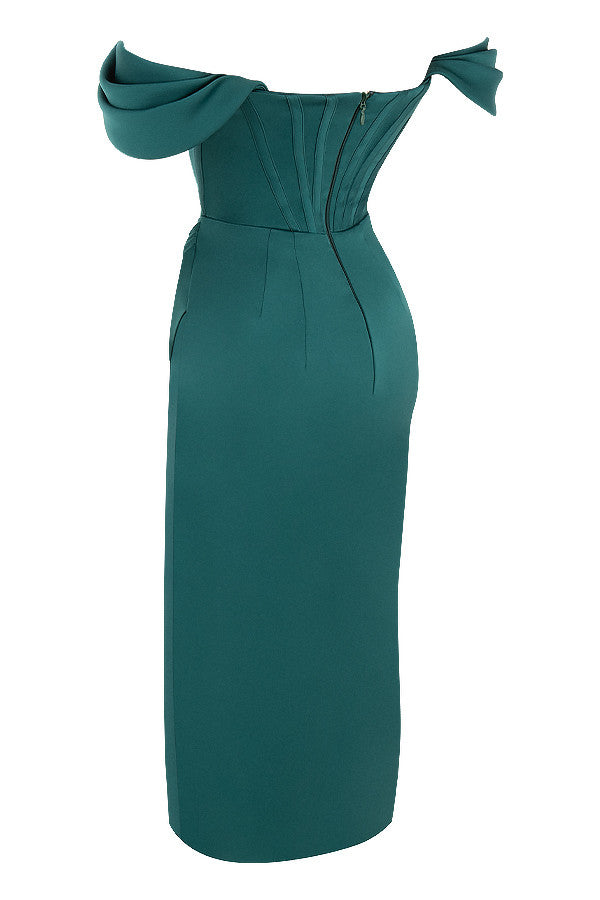 LEMIYA IVORY SATIN OFF SHOULDER DRESS-GREEN