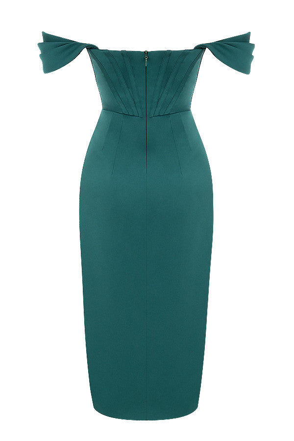 LEMIYA IVORY SATIN OFF SHOULDER DRESS-GREEN