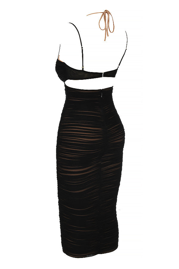 TIBU TANGERINE CUTOUT RUCHED MIDI DRESS