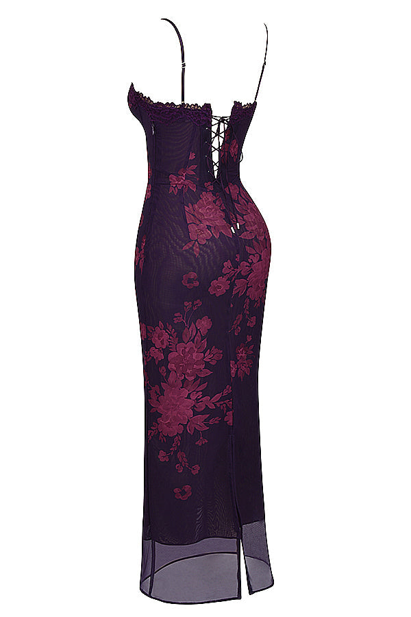 Floral Mesh Hem Gown Fishtail Slip Maxi Dress