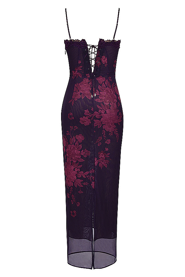 Floral Mesh Hem Gown Fishtail Slip Maxi Dress