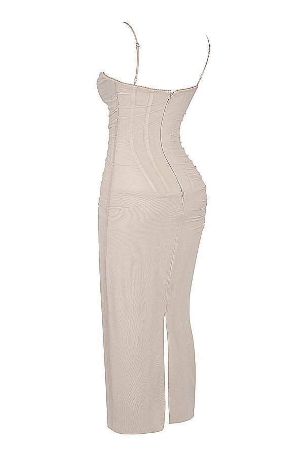 Mesh Stitching Lace Mid-length Dress-Pink