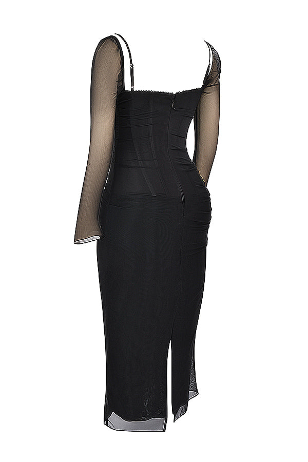 Mesh Stitching Lace Mid-length Dress-Black