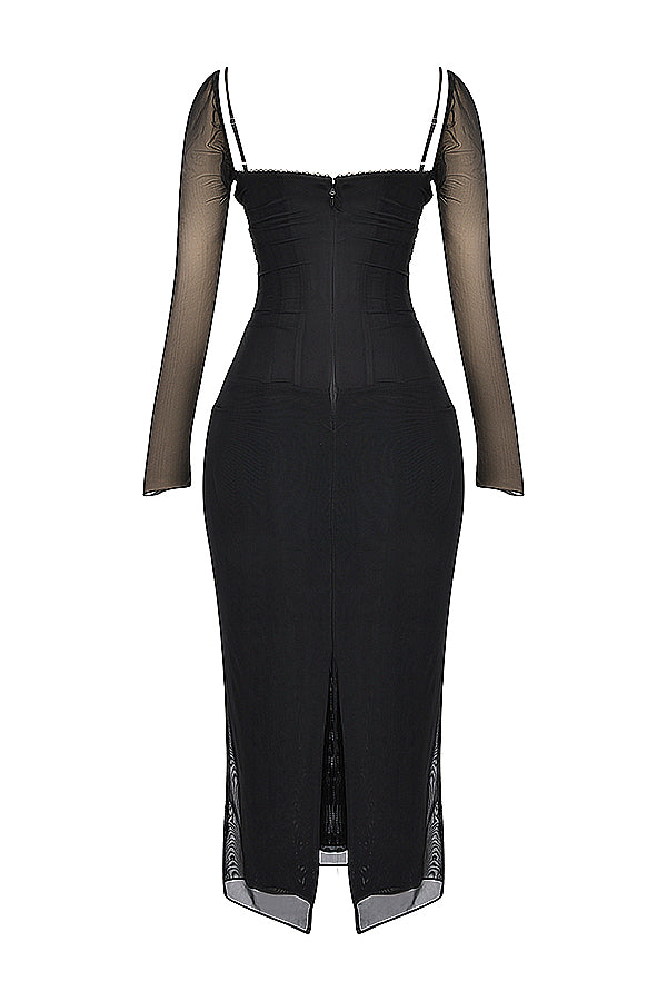 Mesh Stitching Lace Mid-length Dress-Black