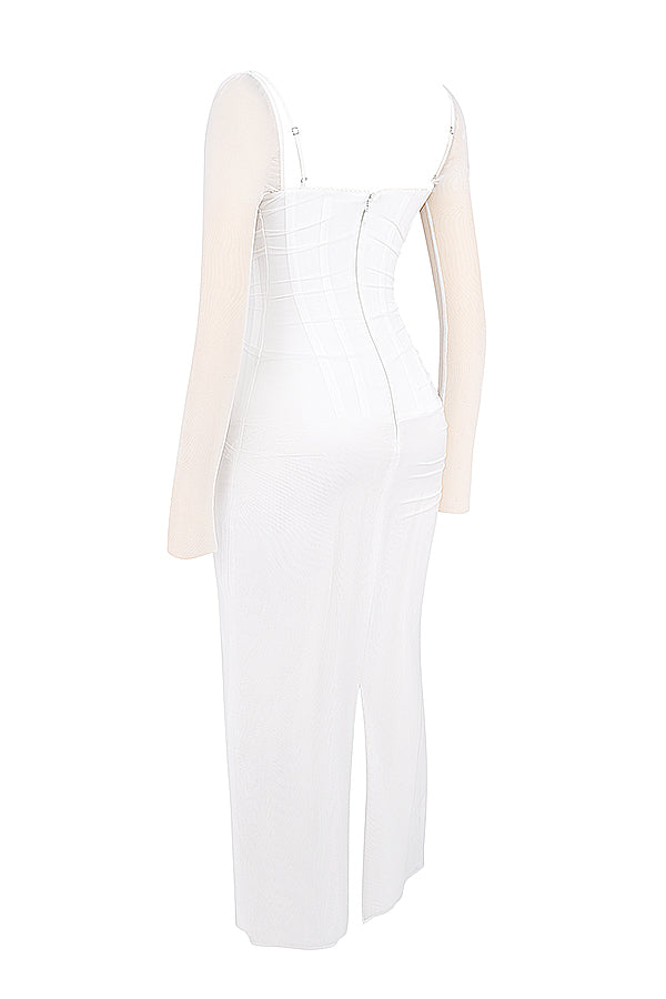 Mesh Stitching Lace Mid-length Dress-Gray