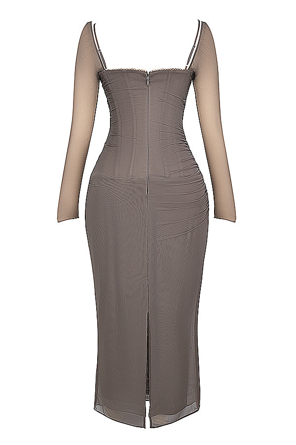 Mesh Stitching Lace Mid-length Dress-Pink