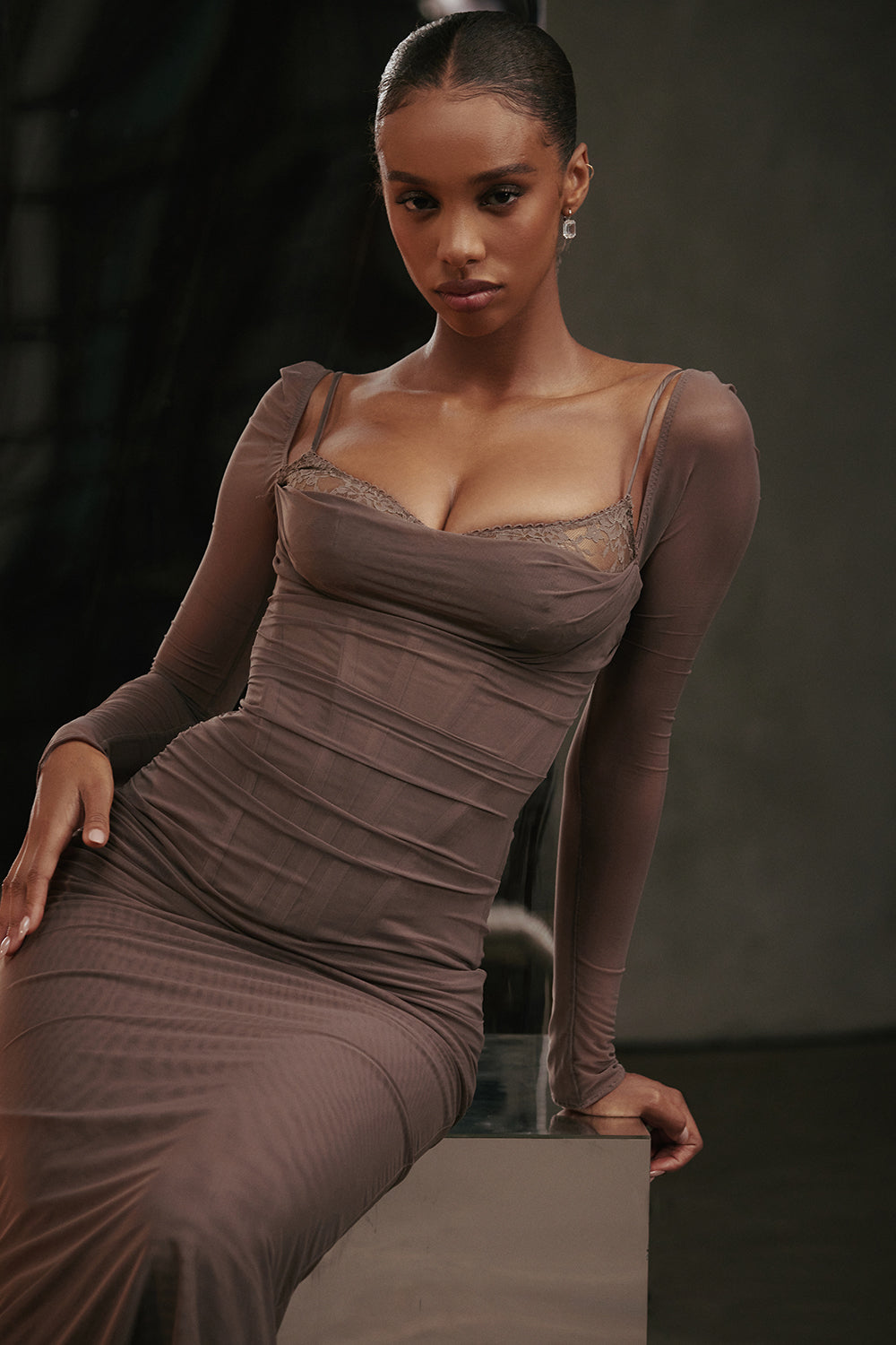 Mesh Stitching Lace Mid-length Dress-Gray
