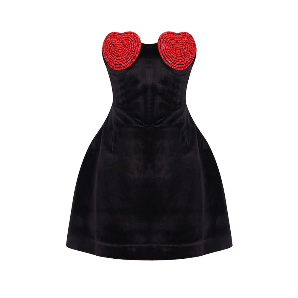 Elika Red crystal Velvet Elegant Strapless Dress