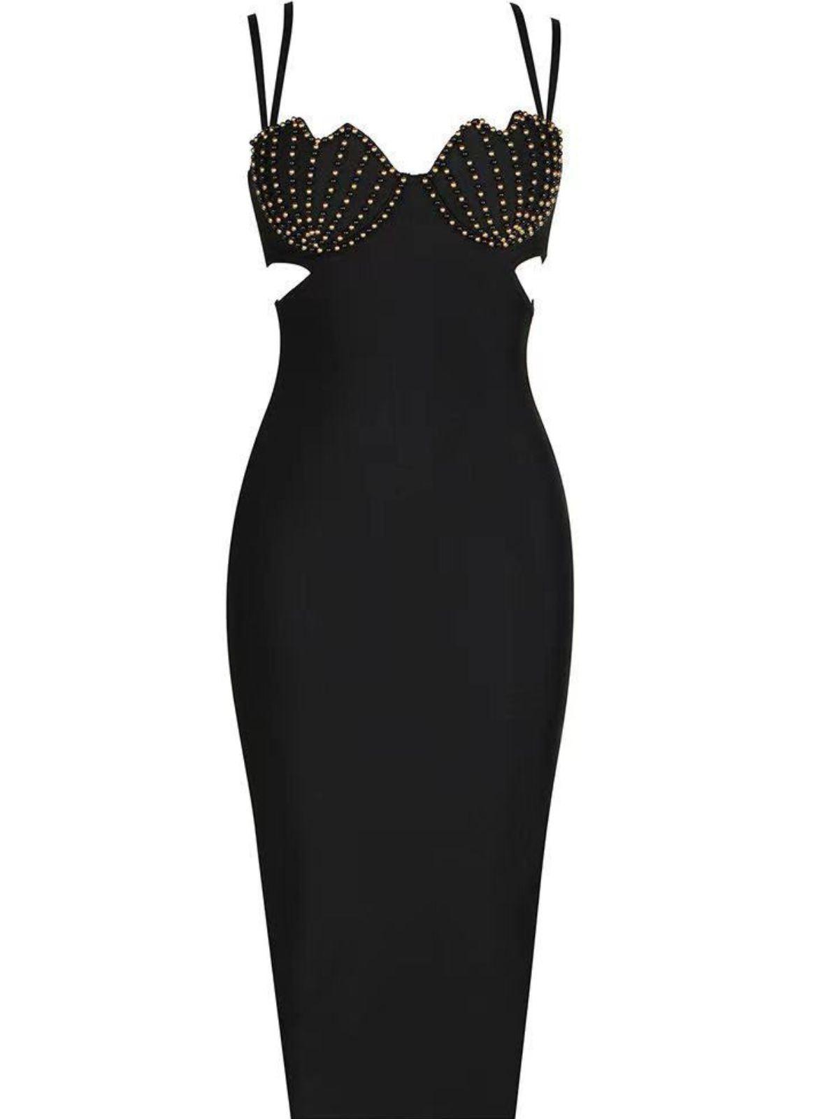 Coretta Pearl Cutout Bandage Dress in Black showcasing its elegant design and flattering fit.