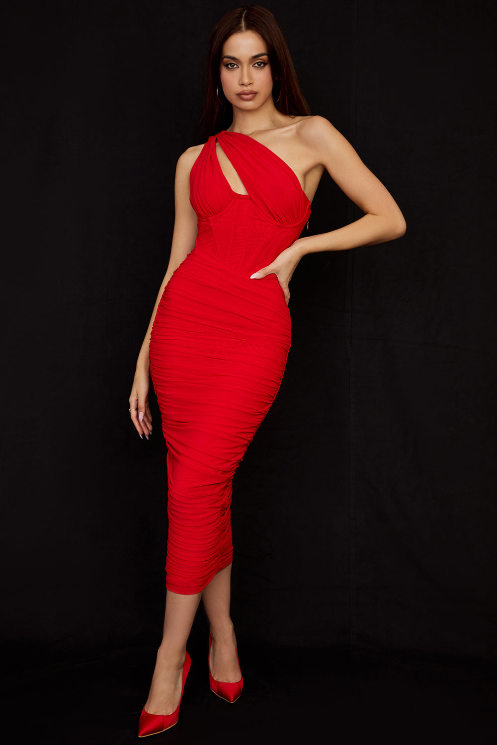 Lemily Cutout One-Shoulder Midi Bandage Dress-Red