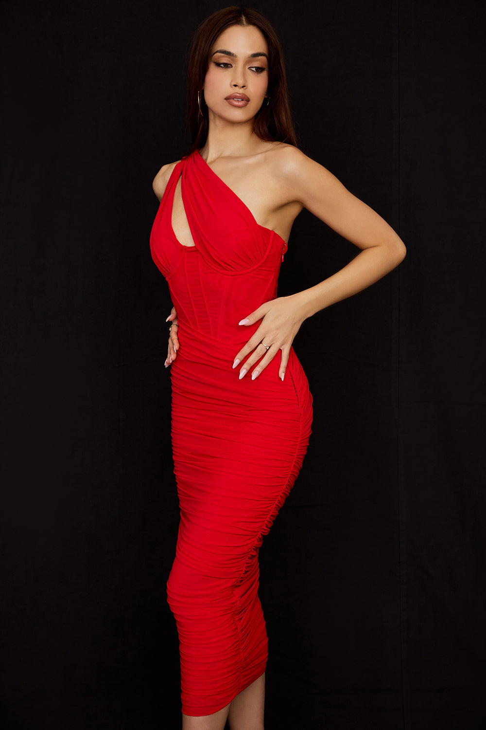 Lemily Cutout One-Shoulder Midi Bandage Dress-Browny